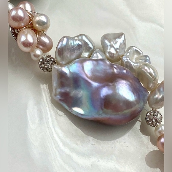 N290-Premium RARE Natural Blue Petal Pearl Blue Flameball Pearl Flower Necklace - Picture 13 of 16